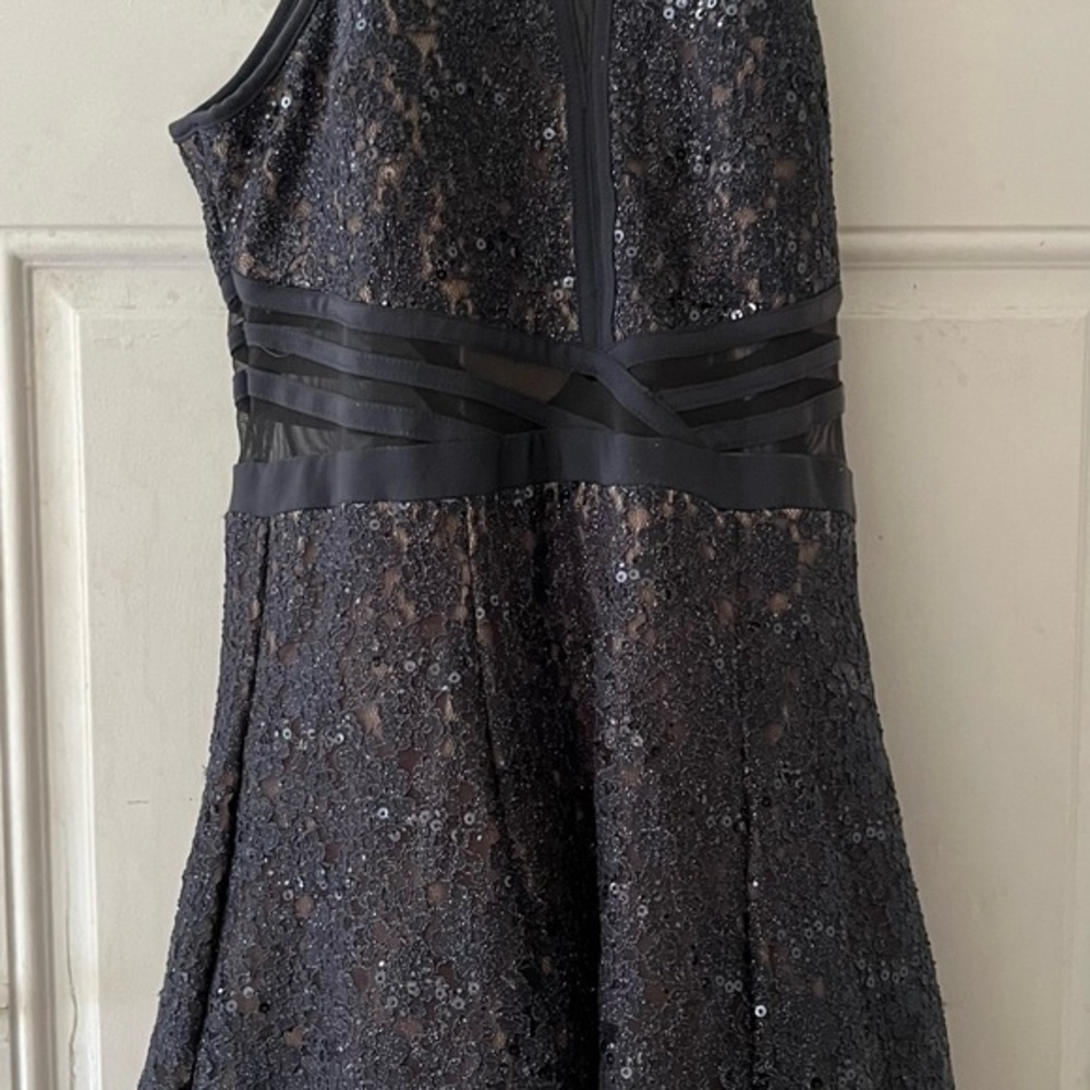 Morgan & Co. Fit & Flare Lace Dress Charcoal Nude Sequin Size 13 Halter